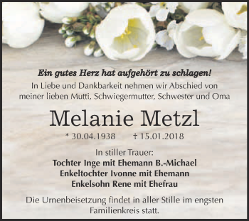 Traueranzeige von Melanie Metzl von WVG - Wochenspiegel Bitterfeld