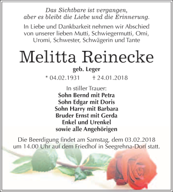 Traueranzeige von Melitta Reinecke von WVG - Wochenspiegel Wittenberg