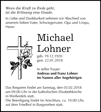 Traueranzeige von Michael Lohner von Mitteldeutsche Zeitung Weißenfels