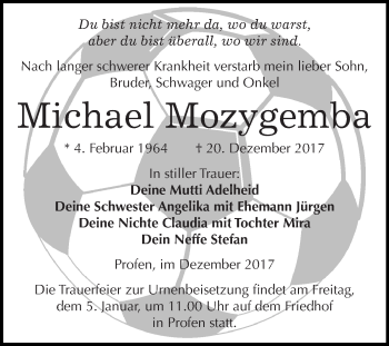 Traueranzeige von Michael Mozygemba von Super Sonntag Zeitz