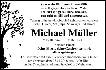 Traueranzeige von Michael Müller von Mitteldeutsche Zeitung Bitterfeld