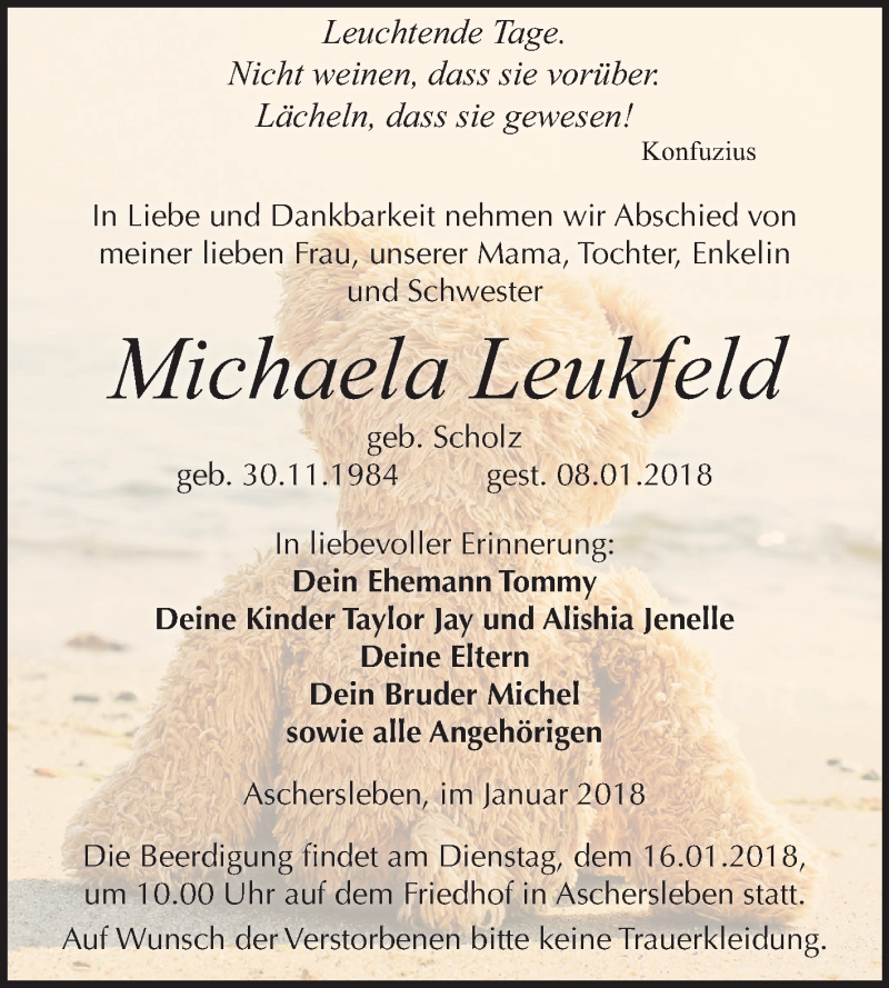  Traueranzeige für Michaela Leukfeld vom 12.01.2018 aus Mitteldeutsche Zeitung Aschersleben