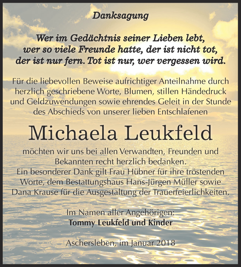  Traueranzeige für Michaela Leukfeld vom 20.01.2018 aus Super Sonntag Aschersleben