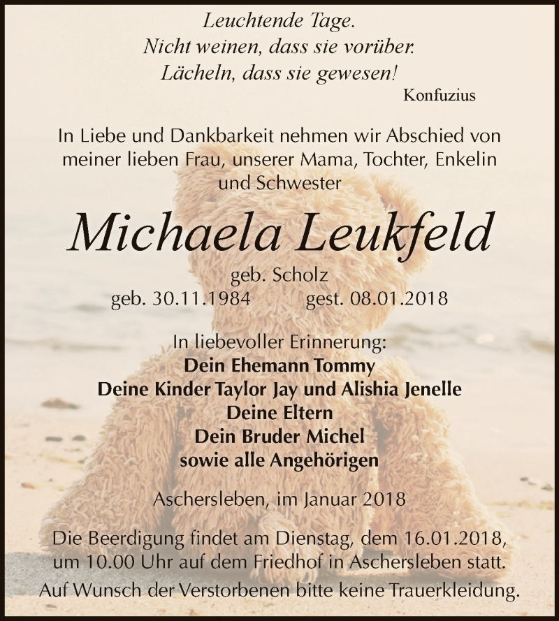  Traueranzeige für Michaela Leukfeld vom 13.01.2018 aus Super Sonntag Aschersleben