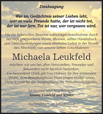 Traueranzeige von Michaela Leukfeld von Mitteldeutsche Zeitung Aschersleben