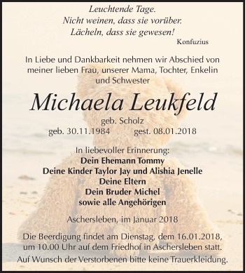 Traueranzeige von Michaela Leukfeld von Mitteldeutsche Zeitung Aschersleben