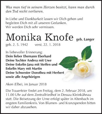 Traueranzeige von Monika Knofe von Mitteldeutsche Zeitung Dessau-Roßlau