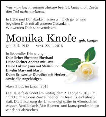 Traueranzeige von Monika Knofe von WVG - Wochenspiegel Dessau / Köthen