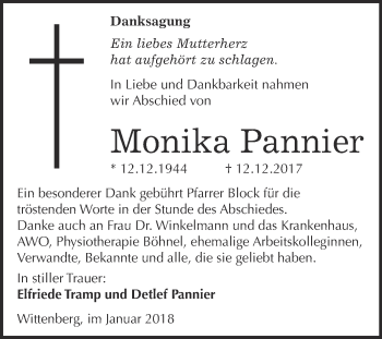 Traueranzeige von Monika Pannier von Super Sonntag Wittenberg