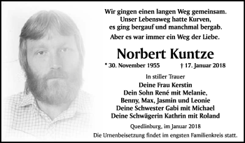 Traueranzeige von Norbert Kuntze von WVG - Wochenspiegel Quedlinburg