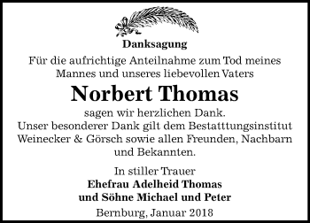 Traueranzeige von Norbert Thomas von Mitteldeutsche Zeitung Bernburg