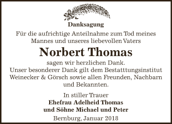 Traueranzeige von Norbert Thomas von Super Sonntag Bernburg