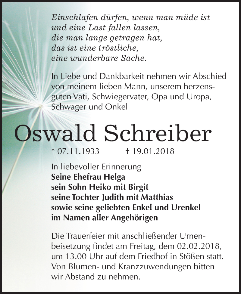  Traueranzeige für Oswald Schreiber vom 27.01.2018 aus Mitteldeutsche Zeitung