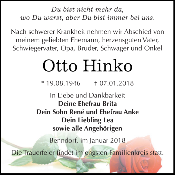 Traueranzeige von Otto Hinko von Wochenspiegel Mansfelder Land