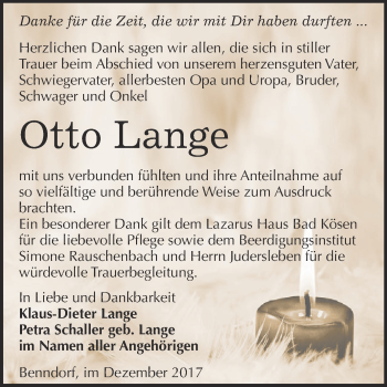Traueranzeige von Otto Lange von WVG - Wochenspiegel NMB / WSF / ZTZ