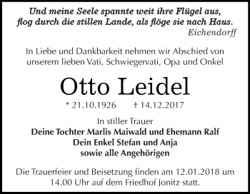 Traueranzeige von Otto Leidel von WVG - Wochenspiegel Dessau / Köthen