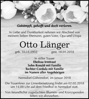 Traueranzeige von Otto Länger von Mitteldeutsche Zeitung Merseburg/Querfurt