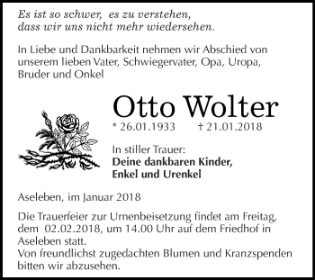 Traueranzeige von Otto Wolter von Super Sonntag SGH Mansf. Land