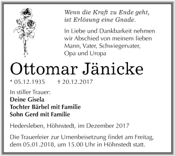 Traueranzeige von Ottomar Jänicke von Wochenspiegel Mansfelder Land