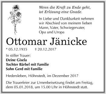 Traueranzeige von Ottomar Jänicke von Mitteldeutsche Zeitung