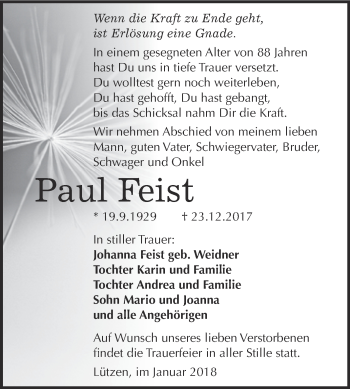 Traueranzeige von Paul Feist von Super Sonntag Merseburg
