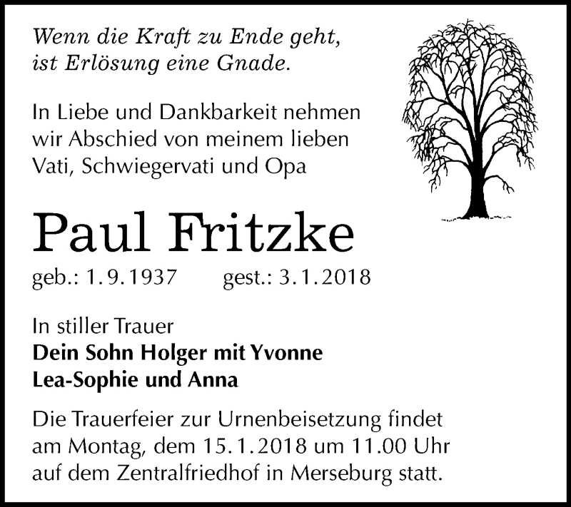  Traueranzeige für Paul Fritzke vom 13.01.2018 aus Mitteldeutsche Zeitung