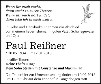Traueranzeige von Paul Reißner von Mitteldeutsche Zeitung Halle/Saalkreis