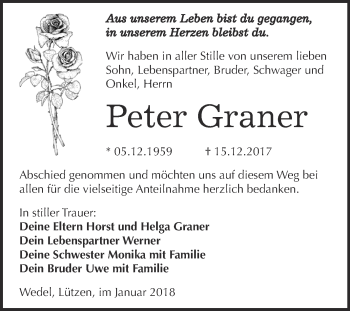 Traueranzeige von Peter Graner von WVG - Wochenspiegel NMB / WSF / ZTZ