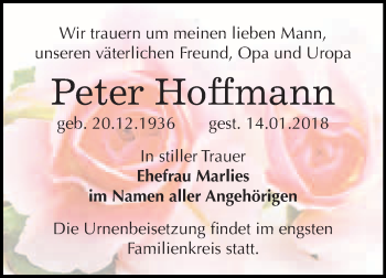 Traueranzeige von Peter Hoffmann von WVG - Wochenspiegel Bitterfeld