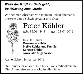 Traueranzeige von Peter Köhler von Mitteldeutsche Zeitung Aschersleben