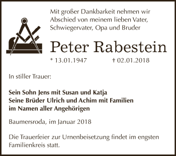 Traueranzeige von Peter Rabestein von WVG - Wochenspiegel NMB / WSF / ZTZ