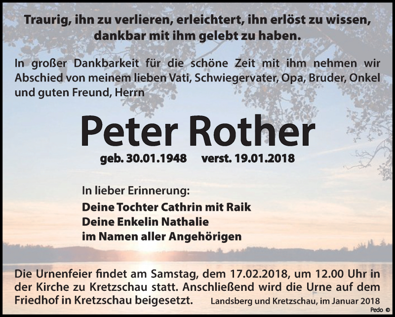  Traueranzeige für Peter Rother vom 27.01.2018 aus Mitteldeutsche Zeitung Zeitz