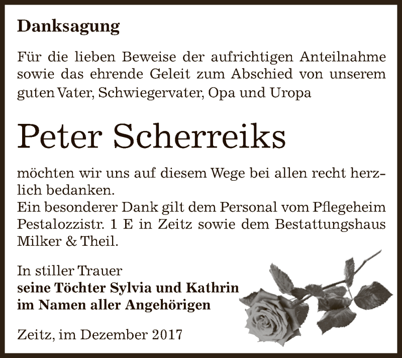 Traueranzeige für Peter Scherreiks vom 30.12.2017 aus Super Sonntag Zeitz