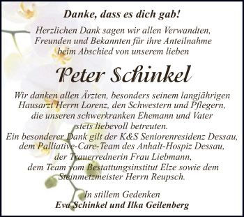 Traueranzeige von Peter Schinkel von WVG - Wochenspiegel Dessau / Köthen