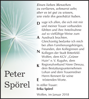 Traueranzeige von Peter Spörel von Mitteldeutsche Zeitung Bitterfeld