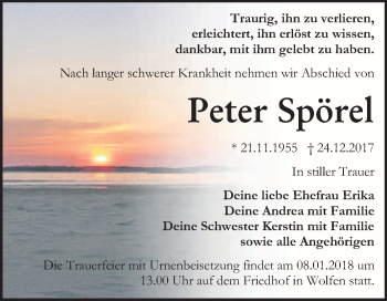 Traueranzeige von Peter Spörel von WVG - Wochenspiegel Bitterfeld