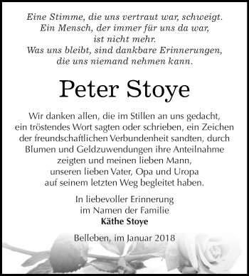 Traueranzeige von Peter Stoye von Super Sonntag Bernburg