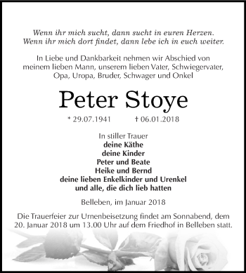Traueranzeige von Peter Stoye von Super Sonntag Bernburg