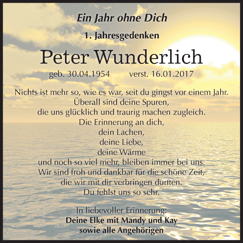  Traueranzeige für Peter Wunderlich vom 16.01.2018 aus Mitteldeutsche Zeitung Weißenfels