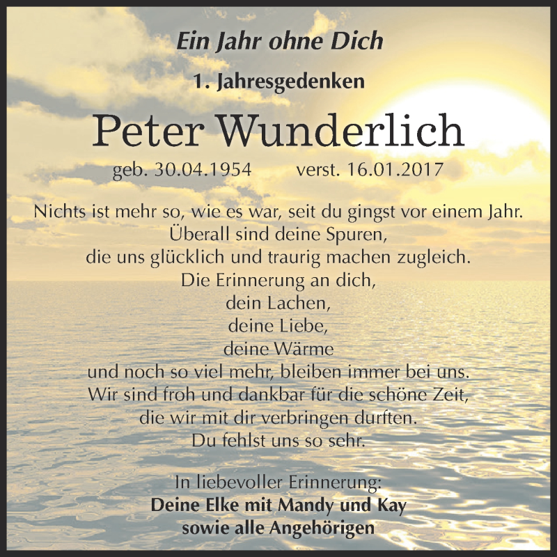  Traueranzeige für Peter Wunderlich vom 17.01.2018 aus WVG - Wochenspiegel NMB / WSF / ZTZ