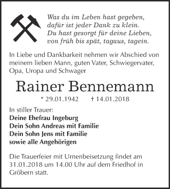 Traueranzeige von Rainer Bennemann von WVG - Wochenspiegel Bitterfeld