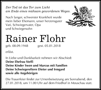 Traueranzeige von Rainer Flohr von WVG - Wochenspiegel Merseburg