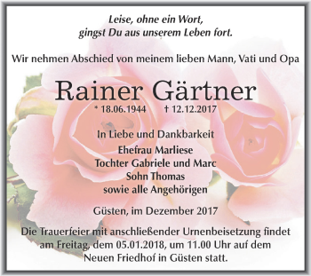 Traueranzeige von Rainer Gärtner von Super Sonntag Bernburg