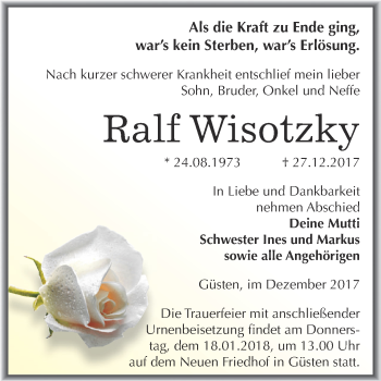 Traueranzeige von Ralf Wisotzky von Super Sonntag Bernburg