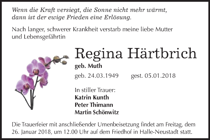  Traueranzeige für Regina Härtbrich vom 20.01.2018 aus Mitteldeutsche Zeitung