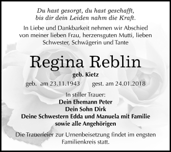 Traueranzeige von Regina Reblin von Mitteldeutsche Zeitung Weißenfels