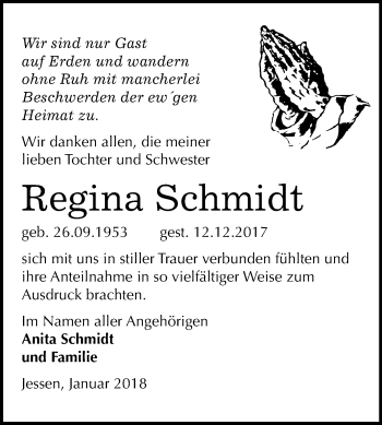 Traueranzeige von Regina Schmidt von Mitteldeutsche Zeitung