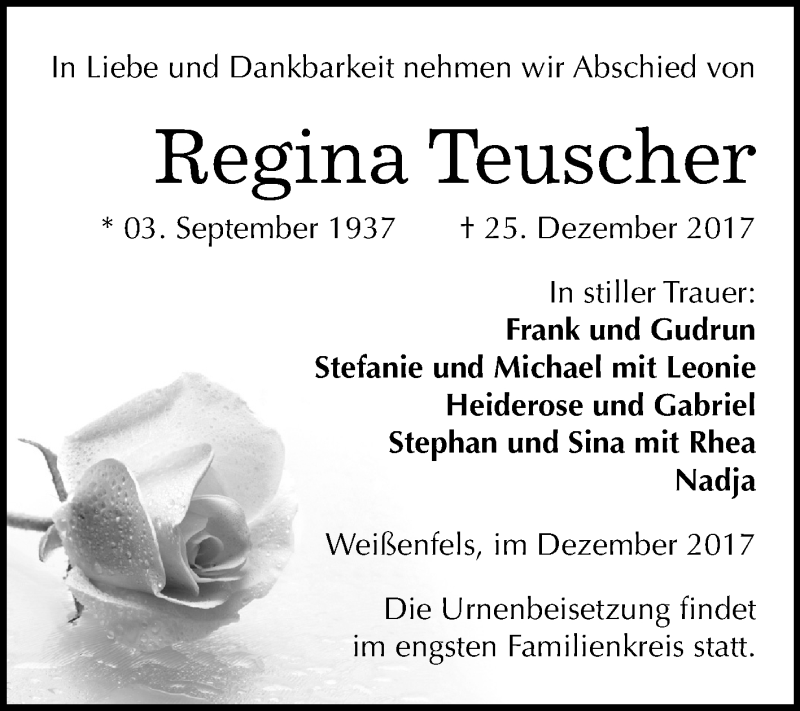  Traueranzeige für Regina Teuscher vom 13.01.2018 aus Mitteldeutsche Zeitung Weißenfels