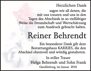 Traueranzeige von Reiner Behrendt von WVG - Wochenspiegel Quedlinburg