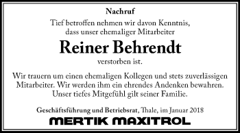 Traueranzeige von Reiner Behrendt von Mitteldeutsche Zeitung Quedlinburg